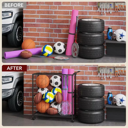 Vista 5 de Homsorout Cesta de almacenamiento de bolas, carrito de pelotas deportivas rodantes, organizador de garaje de metal, almacenamiento de canasta