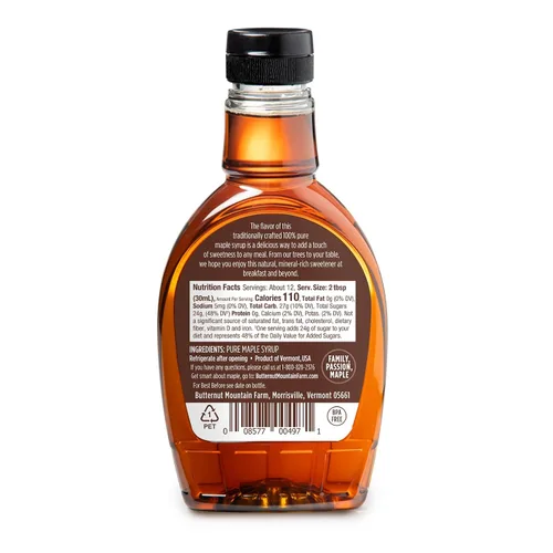 Vista 4 de Butternut Mountain Farm Jarabe de arce puro grado A, botella de PET rico en ámbar, 12 onzas líquidas