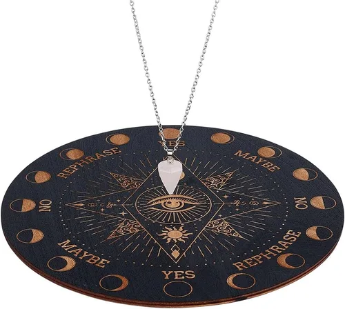 Vista 8 de INFUNLY Tablero de péndulo de madera de mariposa de 10 x 10 pulgadas con collar de cristal de péndulo, tablero de péndulo de madera redondo grande