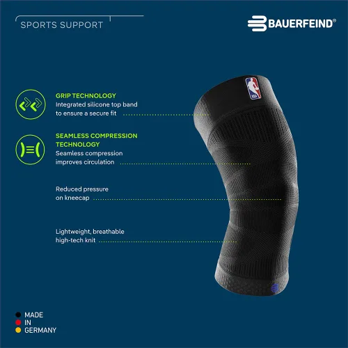 Vista 2 de Bauerfeind - Rodillera de compresión deportiva para rodillas NBA - Diseño ligero con zonas de agarre para alivio del dolor en la rodilla de Negro