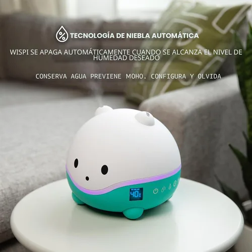 Vista 4 de LittleHippo WISPI Humidificador 3 en 1, Difusor y Luz Nocturna para Bebé/Niños - 3 Intensidades de Neblina, 7 Luces LED Cambiantes de Color, Bandeja