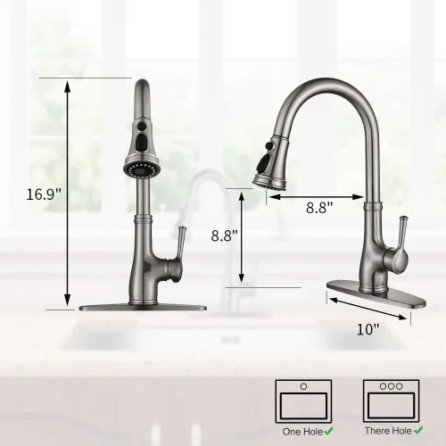 Vista 2 de Kitchen Faucet-WEWE - Grifo de fregadero de cocina con rociador extraíble de acero inoxidable de níquel cepillado con dispensador de jabón integrado