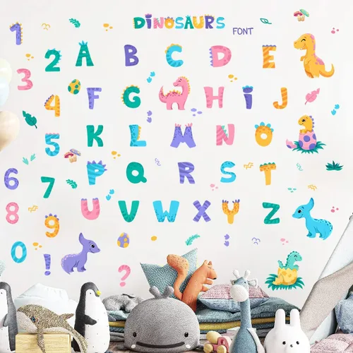 Vista 6 de Adhesivos de pared con alfabetos de dinosaurio, adhesivos de vinilo con números ABC, coloridos para aula, habitación de niños, sala