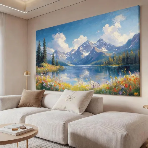 Vista 6 de Inzlove Large Canvas Wall Art 48" L x 24" W - Snow Mountain Lake Landscape Painting, Meadow Wildflowers Art Print, Rustic Farmhouse Decor for Living