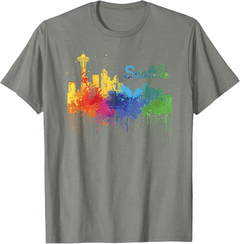 Vista 22 de Seattle Washington Skyline Watercolor Souvenir Seattle Camiseta, Negro