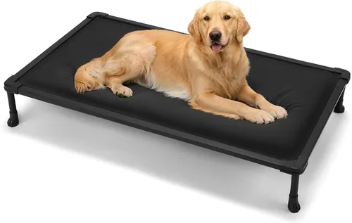 Vista 7 de Veehoo Cama elevada para perros a prueba de masticación, catre elevado duradero para mascotas con tapete impermeable relleno de algodón de Negro