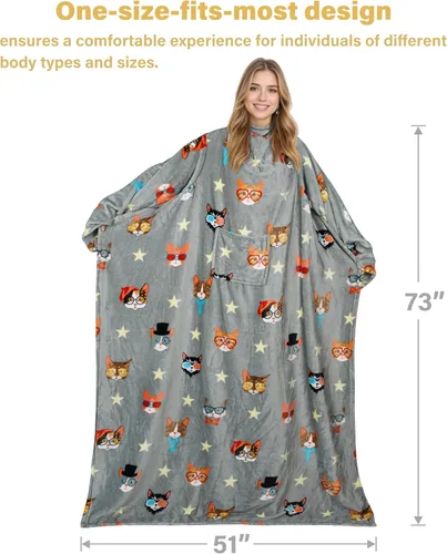 Vista 7 de Catalonia Manta con estampado de gato y perro para llevar puesta, acogedora y suave con mangas, manta larga de forro de vellón cálida y cómoda