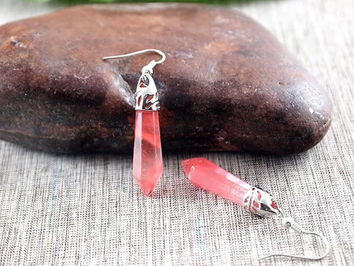 Vista 6 de Aretes de cuarzo rosa, piedra rosa natural, plata, gota y colgante, cristal real colgante, joyería hecha a mano, hipoalergénica, piedra de amor