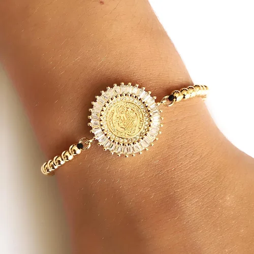 Vista 8 de Pulsera de cadena de oro de San Benito chapado en oro de 18 quilates con cadena ajustable