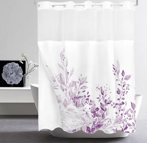 Vista 96 de Tititex - Juego de cortinas de ducha de eucalipto negro, hojas de acuarela gris en la parte superior, con decoración floral de baño, 60 x 72