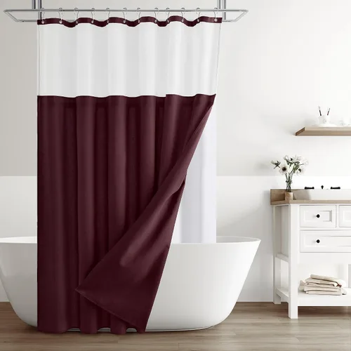 Vista 16 de Naturoom Cortina de ducha de lino de 72 pulgadas para baño, color beige y blanco, doble capa