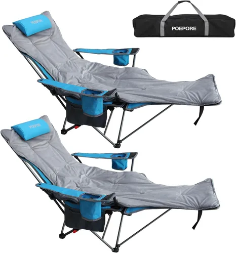 Vista 10 de Silla de camping reclinable con reposapiés extraíble con reposacabezas, cojín de algodón, sillas plegables ajustables y portátiles
