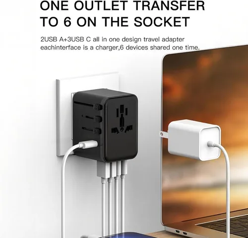 Vista 2 de Adaptador de viaje universal, adaptador de corriente internacional de 30 W y 5 puertos con 3 USB C y 2 USB A de carga rápida, convertidor de enchufe