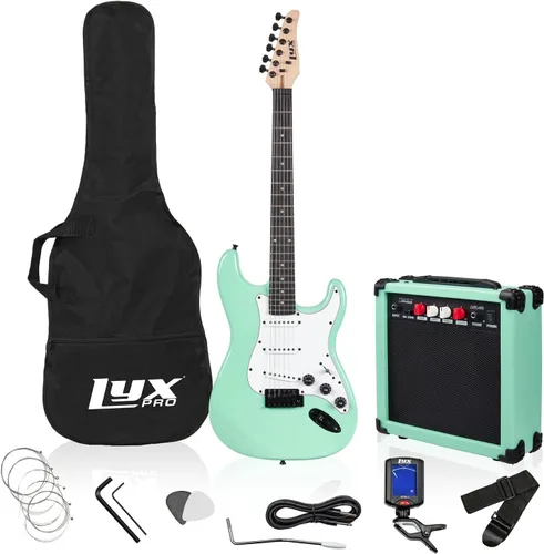 Vista 12 de LyxPro Guitarra eléctrica de 36 pulgadas y kit para niños con guitarra para principiantes de tamaño 3/4, amplificador, seis cuerdas, dos púas, Azul