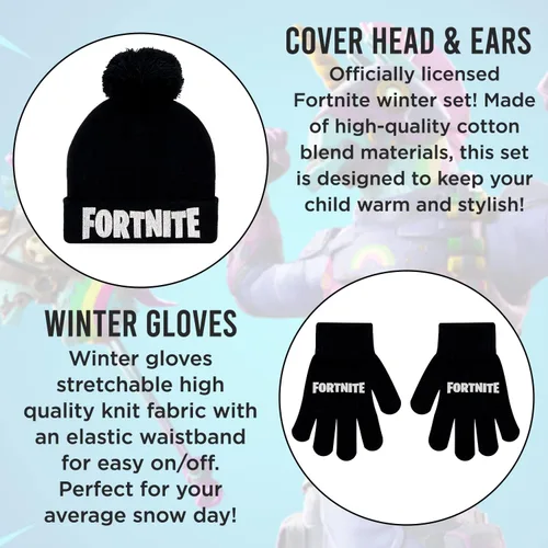 Vista 2 de FORTNITE Conjunto de 2 piezas de gorro de invierno y guantes de nieve para niños