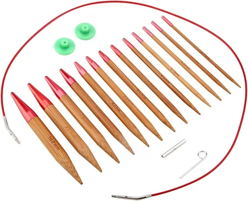 Vista 2 de Juego de agujas de tejer intercambiables, aguja de ganchillo de bambú carbonizado, juego de anillos circulares de aluminio con bolsa