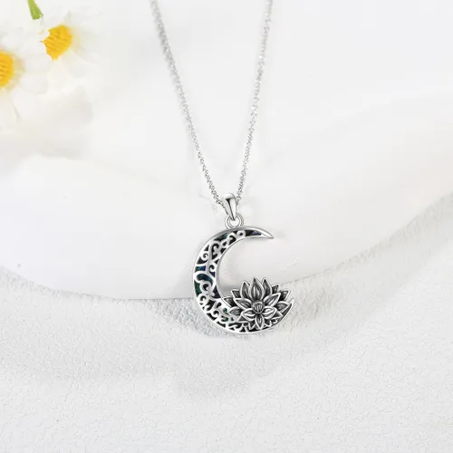 Vista 5 de JERWLI Collar de flor de loto de plata de ley 925 con colgante de luna de loto, joyería para mujer, Plata esterlina, No es una piedra preciosa