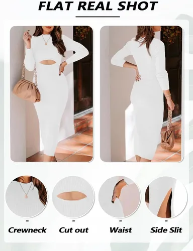 Vista 6 de Uusollecy Vestido de manga larga con cuello redondo para mujer, con abertura lateral, de punto acanalado, entallado, casual, sexy, vestido por