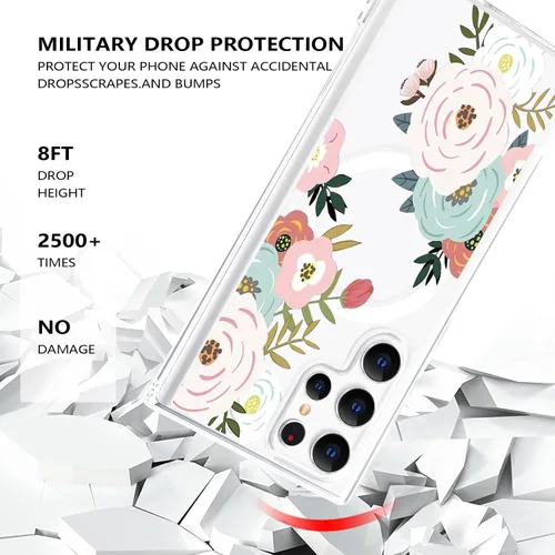 Vista 3 de Funda magnética para Samsung Galaxy S22 Ultra Flower, compatible con MagSafe, patrón floral transparente a prueba de golpes, parte trasera