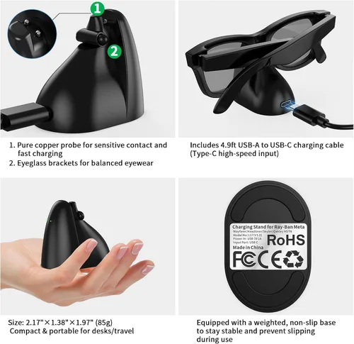 Vista 5 de Soporte de carga compatible con gafas inteligentes RayBan Meta, base de carga portátil para Wayfarer, Headliner y Skyler Gen 1 con cable USB-C de 59