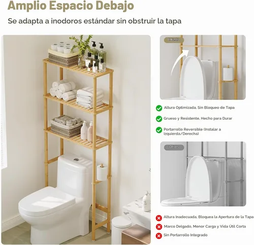 Vista 4 de Almacenamiento sobre el inodoro, estante de baño de bambú de 3 niveles con Natural