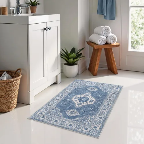Vista 7 de Alfombras de Baño Bohemias Azules Seavish, Tapete de Baño Absorbente Vintage Desgastado de 18x26 Pulgadas, Alfombra de Baño Pequeña Antideslizante