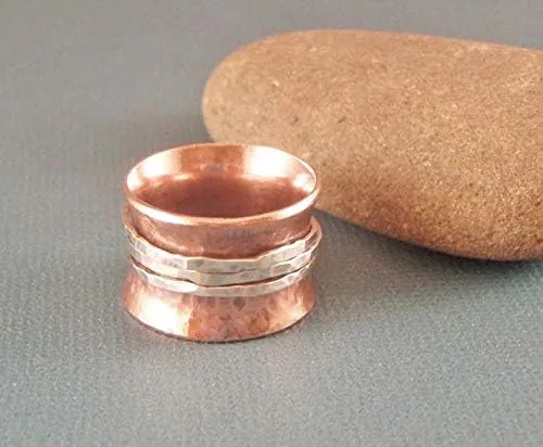 Vista 4 de Glitter Box Exports 925 Sterling Copper & Silver Spinner Fidget ring For Women High Polish Silver Point Ring