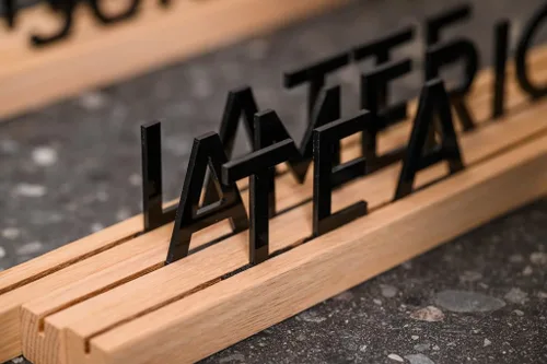 Vista 7 de Inko Horeca Tablero de Letras de Madera para Pared - Juego de 10 Rieles de Roble + 400 Letras Negras Intercambiables - Estante Flotante de Rieles