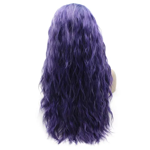 Vista 4 de Mxangel - Peluca de cabello sintético largo y rizado con encaje frontal, color morado, resistente al calor, para fiesta de cosplay