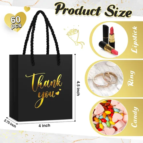 Vista 2 de Honoson - 60 mini bolsas de regalo de agradecimiento con asa a granel de 4 x 2.75 x 4.5 pulgadas, pequeña bolsa de papel de aluminio para envolver