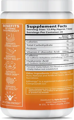 Vista 2 de Peptide Energy - Colágeno en polvo para cabello, uñas, piel, tipo I y III, cafeína para energía, vitamina C, biotina, ácido hialurónico, cero