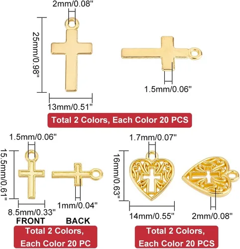 Vista 4 de PH PandaHall 120 dijes de cruz, 3 estilos de dijes de cruz de corazón, dije de oro y plata para hacer joyas de Pascua, pulseras, collares