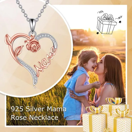 Vista 3 de AXELUNA Collar de mamá para mujer, collar de plata de ley 925 con corazón y rosa, regalo para mujer, Plata esterlina, Circón