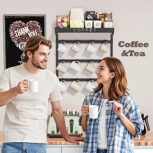 Vista 6 de RCHYFEED Soporte para taza de café montado en la pared, organizador de tazas para exhibición y colección de cocina, soporte de metal para tazas