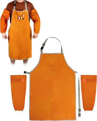 Vista 8 de QWORK Delantal y mangas de soldadura, juego de protectores de trabajo de soldadura, taller de trabajo de cuero resistente al calor y al fuego, ropa