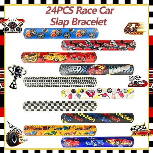 Vista 7 de CZWXOXO 24 Piezas Decoraciones de Fiesta de Coches de Carreras Favores Pulsera de Carreras Pulseras de Carreras Pulseras de Palmada a Cuadros