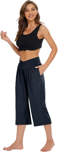 Vista 8 de Pantalones capri para mujer, para yoga, descanso, pierna ancha, holgados, cruzados, cintura alta, pantalones capri de verano