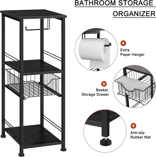 Vista 5 de OYEAL Armario de almacenamiento de papel higiénico negro pequeño estante lateral de baño con cajón estrecho gabinete de almacenamiento de toallas