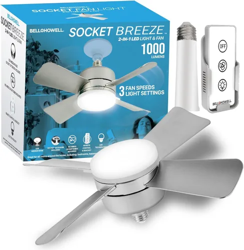 Vista 13 de Bell+Howell Socket Breeze Deluxe, Small Ceiling Fan with LED Light and Remote, Adjustable Speeds and Brightness, Light Socket Fan for Bedroom Negro