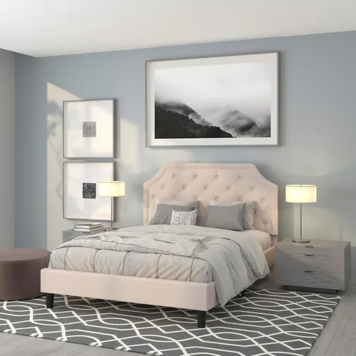 Vista 21 de EMMA + OLIVER Base de cama tapizada con diseño arqueado y diseño capitoné en tela beige