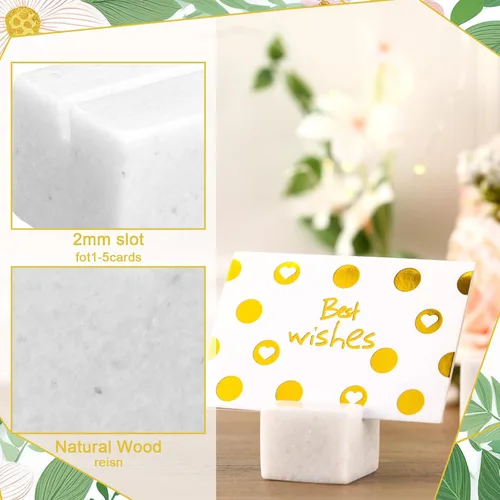 Vista 4 de AceOrbit 12 soportes para tarjetas de visita de mármol blanco, elegantes soportes de números de mesa, letreros pequeños para bodas, recepciones