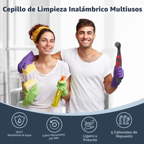 Vista 2 de LifeBasis Cepillo de Limpieza Eléctrico Inalámbrico, Mini Fregadora Eléctrica para Limpiar Lechada Impermeable con 5 Cabezales de Cepillo para Baño