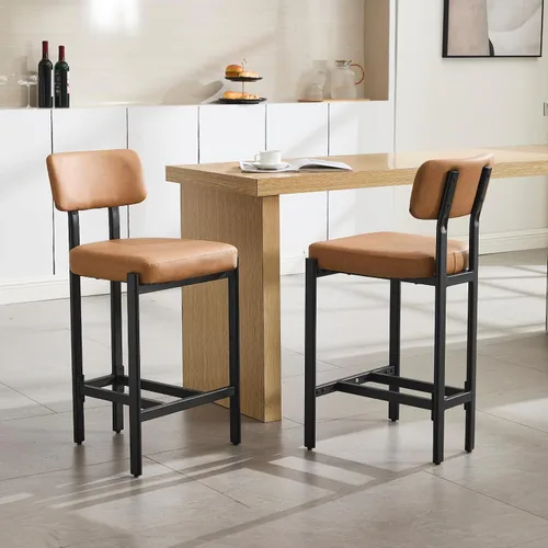 Vista 7 de DUOMAY Juego de 2 taburetes modernos de piel sintética, tapizados de 26 pulgadas de altura de asiento bajos con patas de metal negro, taburetes