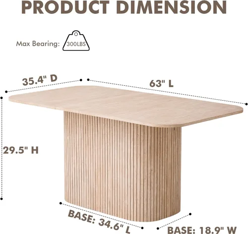 Vista 2 de Mesa de comedor de 63 pulgadas para 4 personas, esquinas redondeadas, base de pedestal a rayas, mesa rectangular moderna de granja, color beige