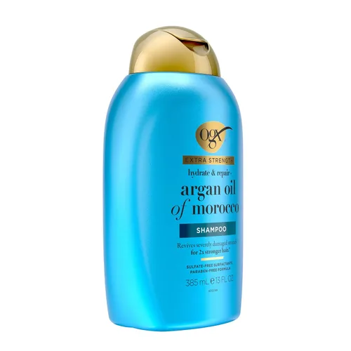 Vista 4 de OGX Champú de fuerza extra hidratante y reparación + aceite de argán de Marruecos para cabello seco y dañado, aceite de argán prensado en frío