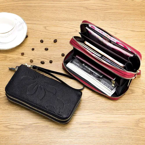 Vista 8 de Cartera de cuero para mujer con bloqueo RFID, bolsillo para teléfono inteligente con doble cremallera,Ranuras para efectivo de gran capacidad