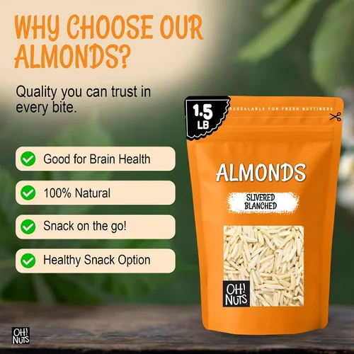Vista 7 de Oh! Nuts Almendras blanqueadas plateadas – crudas – 100% naturales – 1.5 libras – Palitos de almendras blancas – Empaquetados en bolsa con cierre