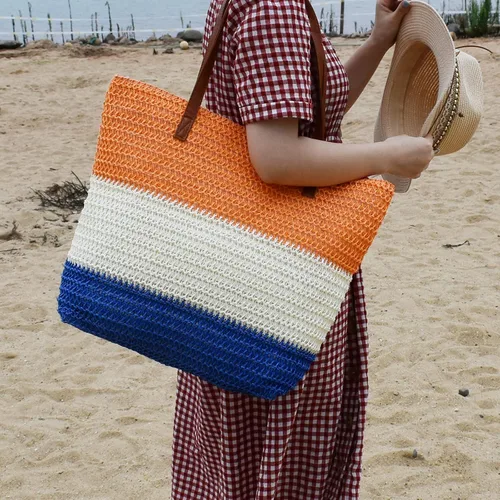 Vista 17 de Bolso grande de paja para mujer, tejido de ratán, bolso de playa de verano, a rayas