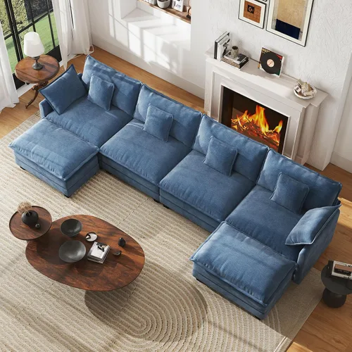 Vista 29 de Sofá de nube en forma de L de 77 pulgadas, sofá modular con otomana, cómodo sofá biplaza de felpilla con almohada para sala de estar, dormitorio