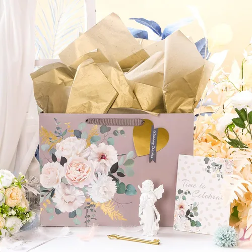 Vista 3 de MAYPLUSS Bolsa de regalo extra grande de 16 pulgadas con tarjeta de felicitación y papel de seda para boda, cumpleaños, diseño floral dorado